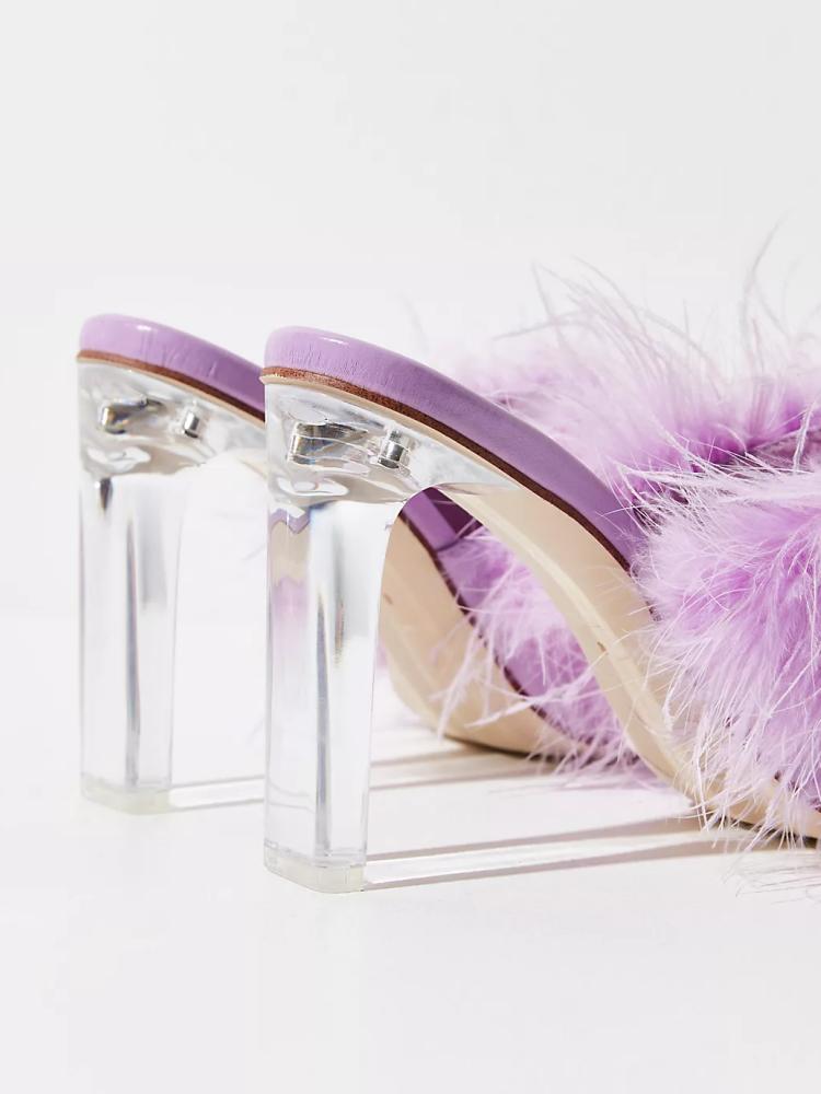 Fluffy Feather Round Toe Backless Slip-On Clear Heeled Sandals In Black Lilac Nude