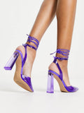 Purple Transparent Ankle Strap Buckle Pumps Pointy Block Heeled Lace-Up Gladiator