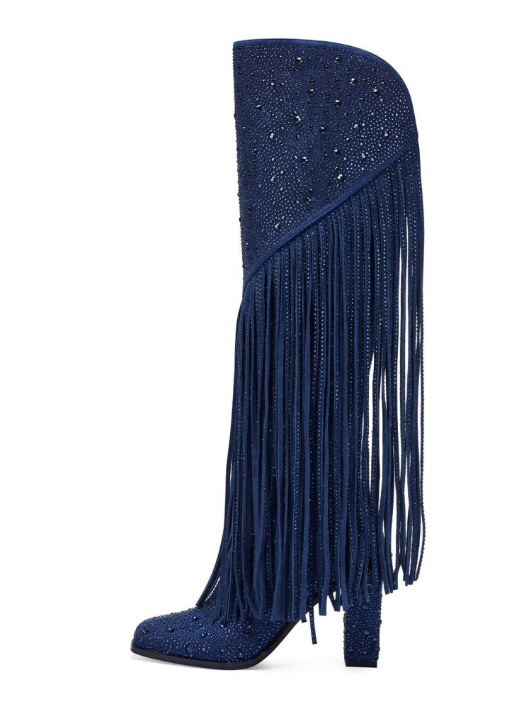 Blue Rhinestone Fringe Block Heeled Knee High Tall Boots With Zip Square Toe Wide Calf