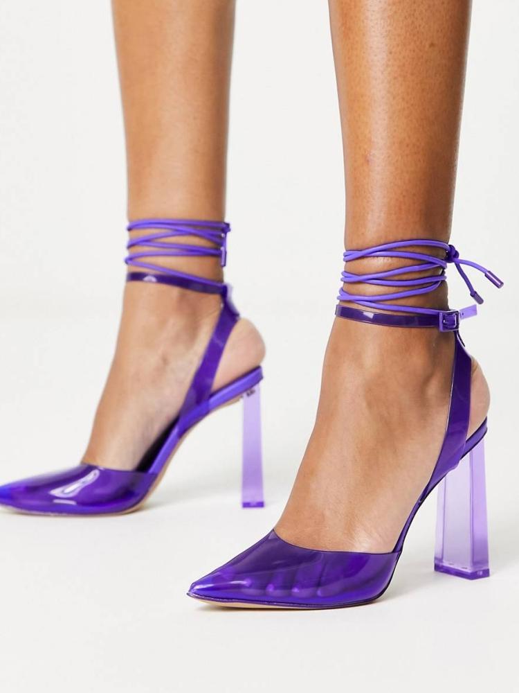 Purple Transparent Ankle Strap Buckle Pumps Pointy Block Heeled Lace-Up Gladiator