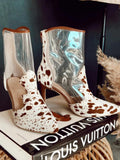 Clear Cow Print Faux Fur Back Zip Pointy Stiletto Heel Ankle Boots