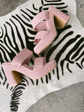 Pink Two Wide Band Backless Slip-On Square Platform Heeled Espadrille Sandals