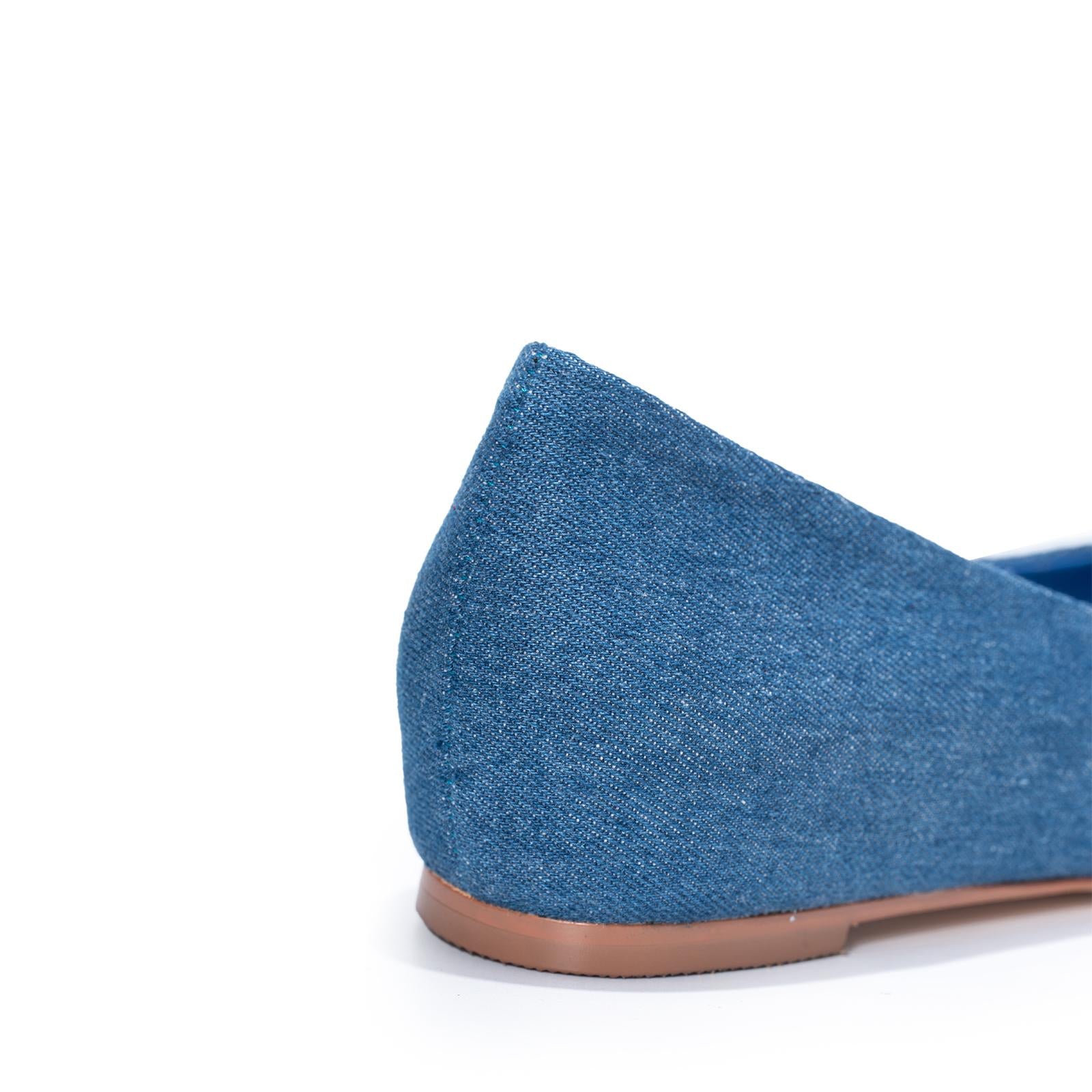 Blue Denim Rhinestone Bow Pointed Ballet Flats For Women