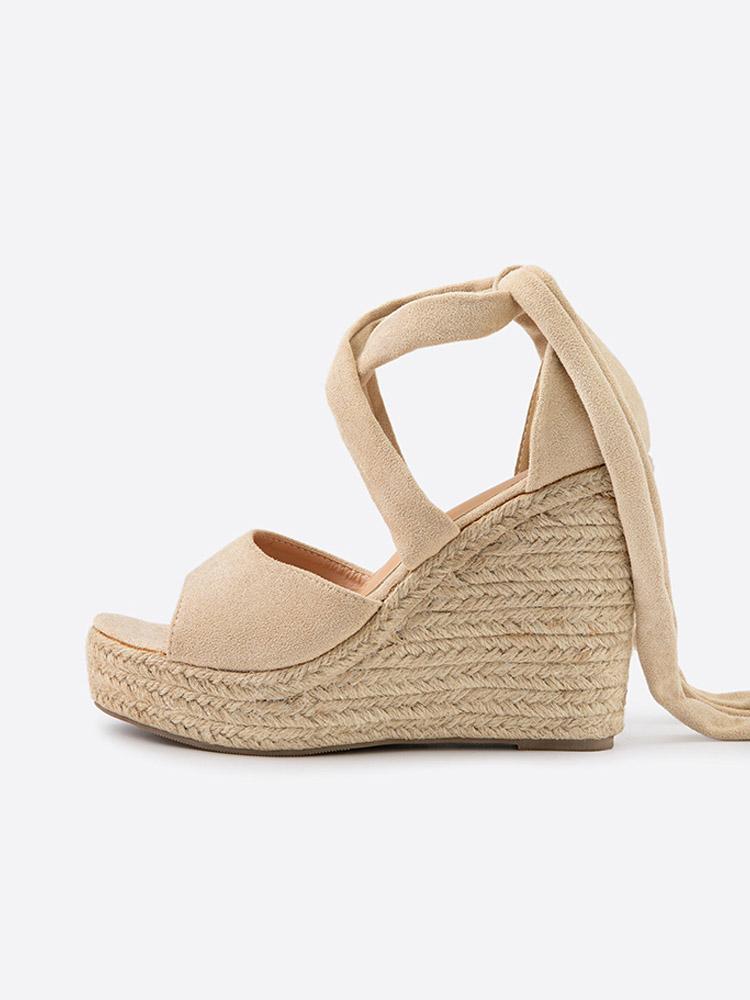 Cloth Single Band Open-toe Ankle Wrap Espadrille Wedge Sandals With Self-tie