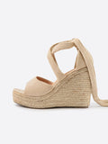 Cloth Single Band Open-toe Ankle Wrap Espadrille Wedge Sandals With Self-tie