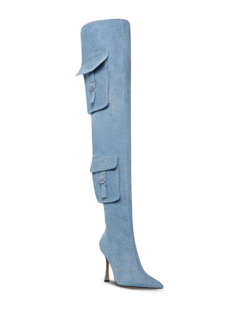 Denim Pocket Zip Pointed Toe Flared High Heel Over The Knee Thigh High Boots