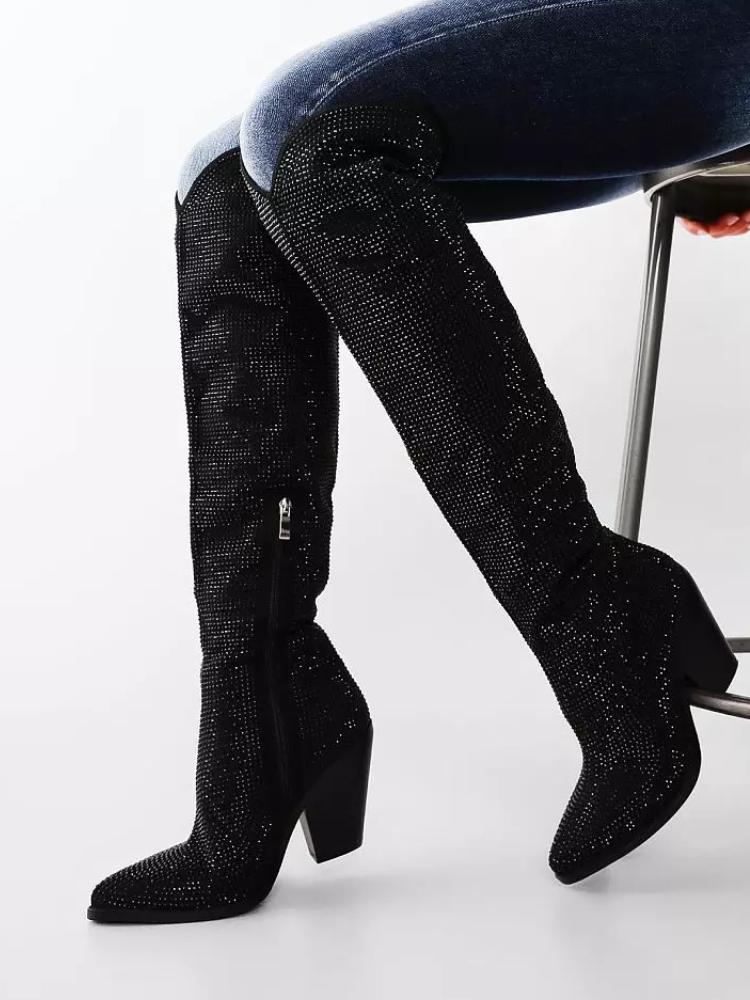 Over-The-Knee Boots Rhinestone Pointed Toe Slanted Heel Cowgirl Boots