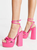 Platform Knot Block Heeled Sandals With Wraparound Ankle Strap Round Toe