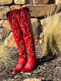 Red Embroidered Pointy Zipper Knee High Western Boots