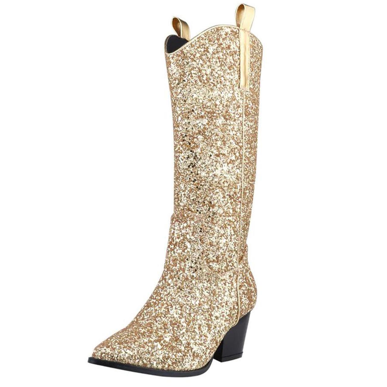 Glitter Zipper Pointy Mid Calf Cowgirl Boots In Gold Silver Black