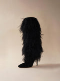 Fluffy Feather Faux Suede Zip Pointy Stiletto Heeled Mid Calf Boots - White & Black