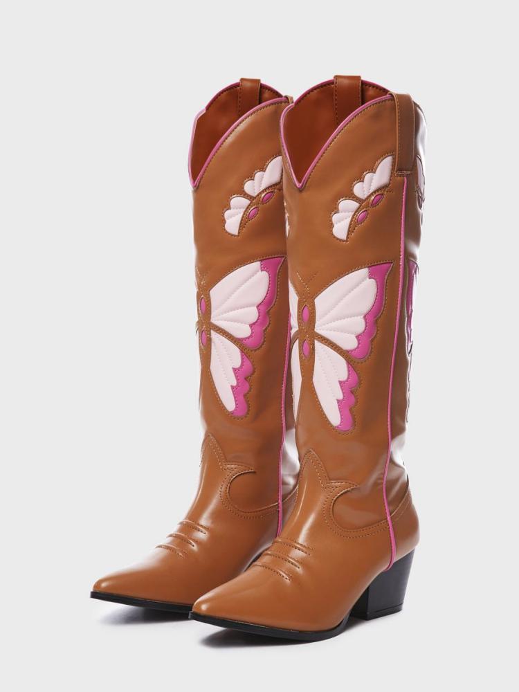 Contrast Butterfly Wing Inlay Stitch Pointed Toe Wide Mid Calf Cowgirl Tall Boots