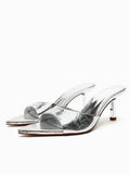 Metallic Silver Single Band Backless Slip-On Pointy Kitten Heeled Sandals