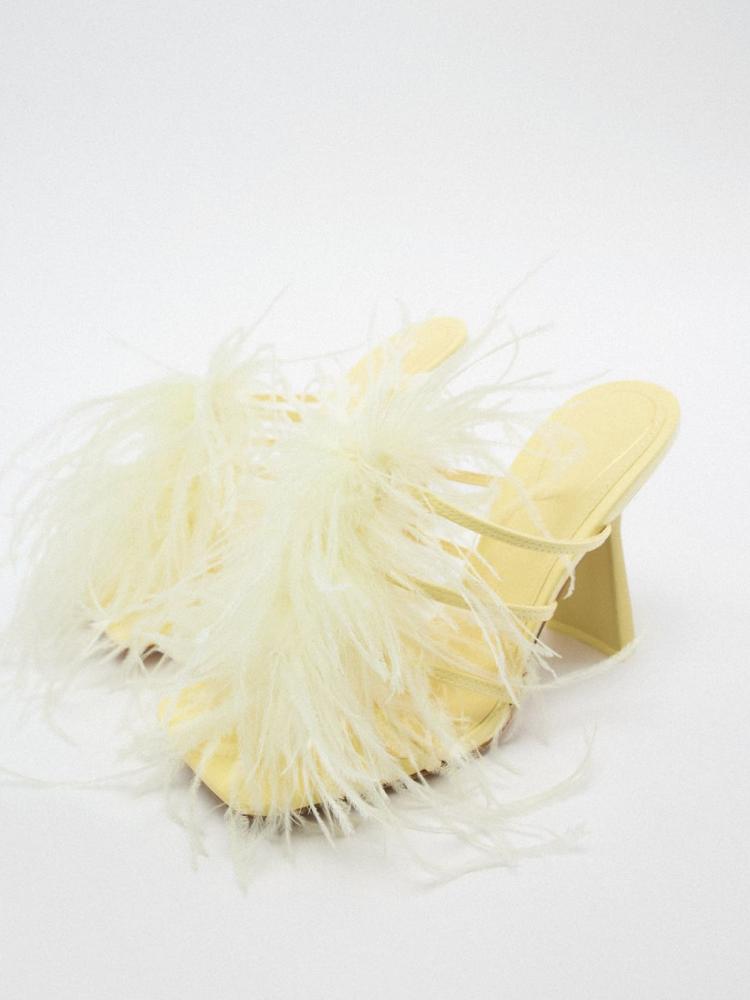 Fashion Feather Square Heel Square-Toe Sandals Mules Slippers