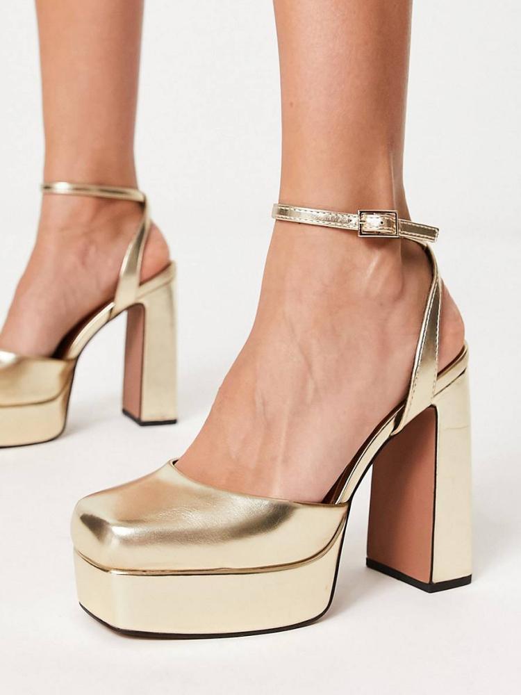 Metallic Gold Square Toe Block Heeled Pumps With Ankle Strap Platform