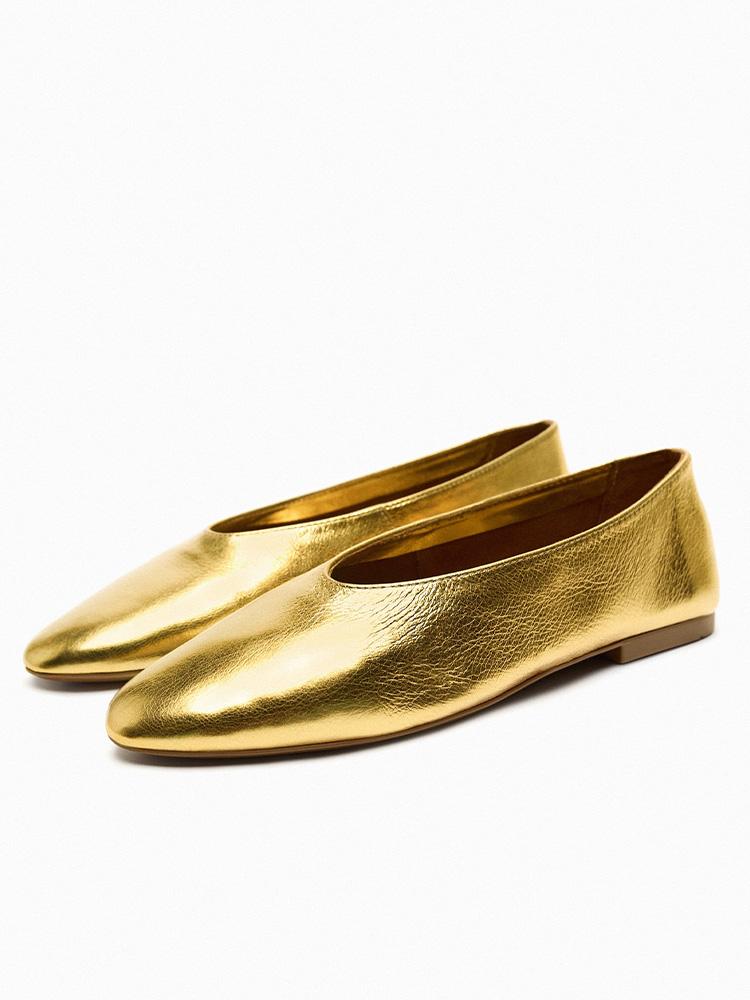 Metallic Gold Slip On Round Ballet Flats