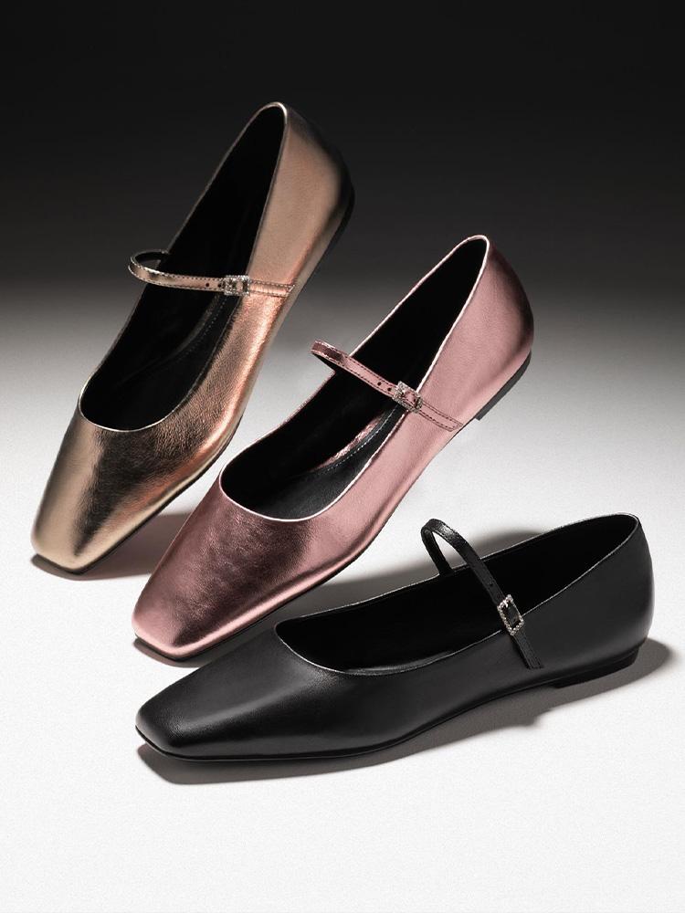 Metallic Buckled Strap Square Ballet Flats Mary Jane