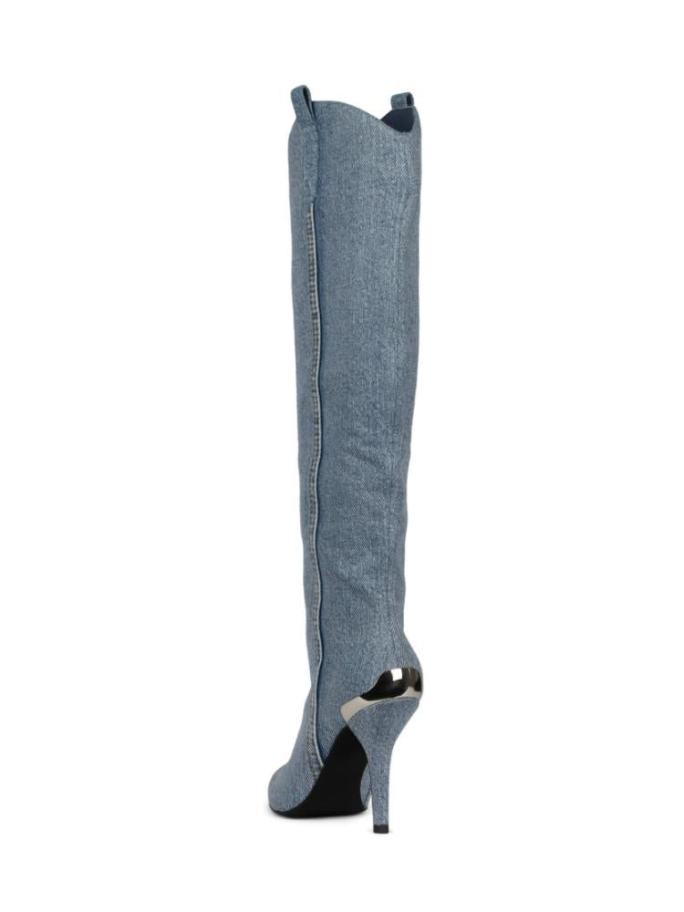 Fashion Denim Mid-Calf Silvery Toe Pointed-Toe Stiletto Heel Boots