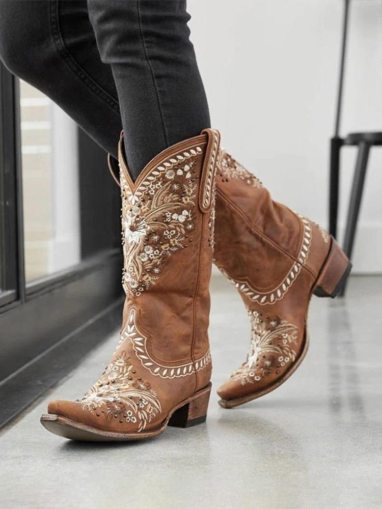 Brown Embroidery Studs Snip-toe Wide Calf Cowgirl Boots