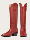 Embroidered Round Wide Mid Calf Western Boots - Navy Blue & Red