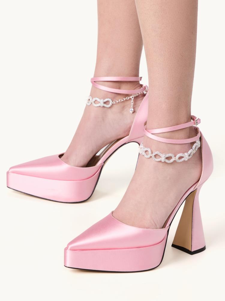 Pink Silk Rhinestone Bow Chain Pointy Platform Pumps With Ankle Strap Flared Heel