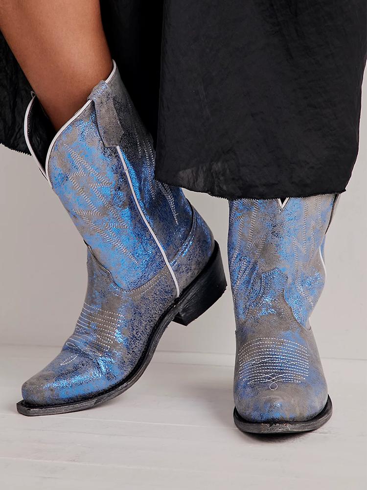 Blue Distress Lightning Embroidered Snip Wide Mid Calf Cowgirl Genuine Leather Boots