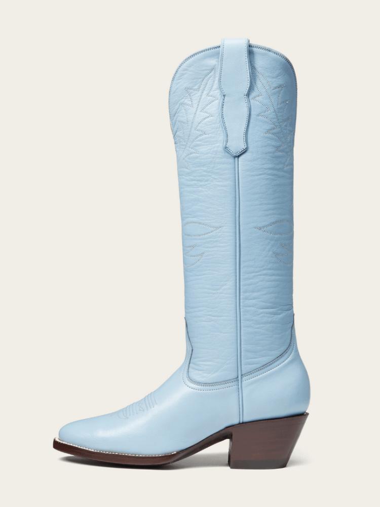 Blue Embroidered Wide Calf Knee High Boots Round Toe Western Heeled Boots