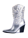 Metallic Silver Pearl Rhinestone Embroidered Snip Toe High Heeled Cowgirl Mid Calf Boots