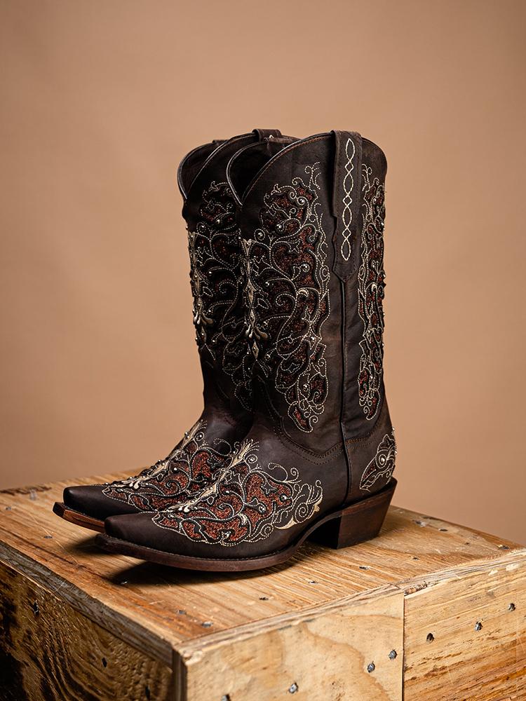 Filigree Cutout Embroidered Sparkling Inlay Stud Snip Wide Mid Calf Cowgirl Genuine Leather Boots