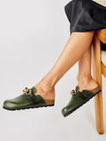 Chain Open-Back Slip-On Comfy Flat Mules Green Cork Clogs