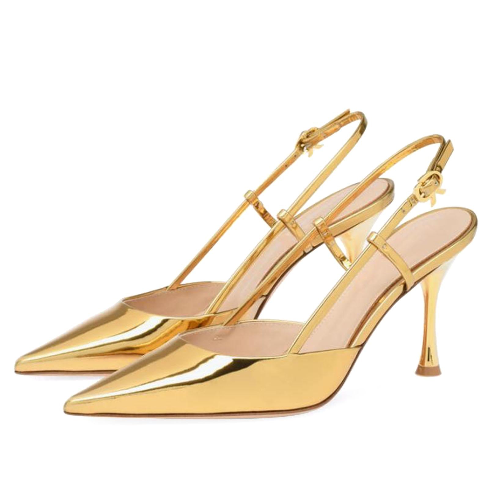 Gold Slingback Flared Heel Pumps Metal Ribbon Buckle Women Pumps