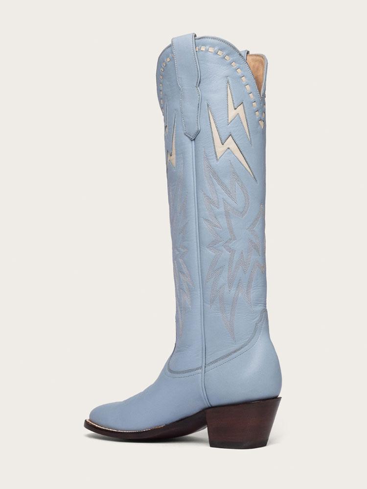 Light Blue Inlay White Lightning Knee High Boots Stitch Slip-On Round Cowgirl Heeled Boots