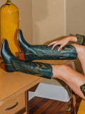 Green Inlay Lightning Embroidered Slip-On Knee High Boots Round Toe Heeled Cowgirl Boots