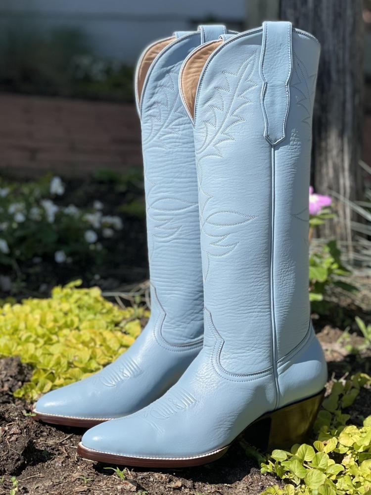 Blue Embroidered Wide Calf Knee High Boots Round Toe Western Heeled Boots