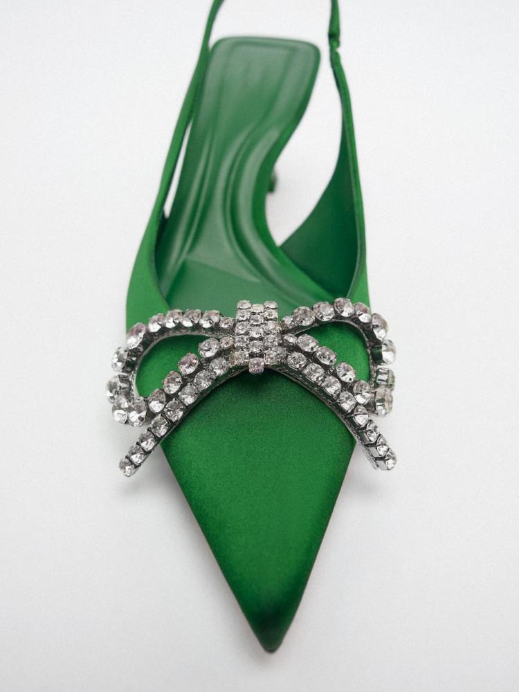 Green Rhinestone Embellished Bow Slingback Silk Flared-Heeled Pointed-Toe Pumps