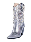 Metallic Silver Pearl Rhinestone Embroidered Snip Toe High Heeled Cowgirl Mid Calf Boots