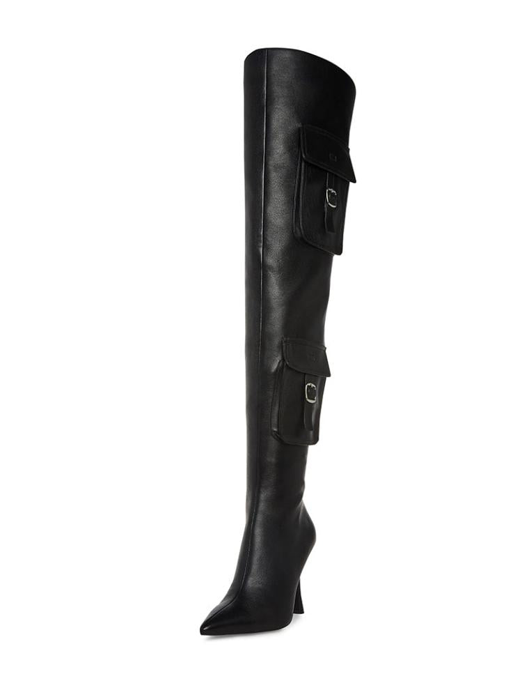 Denim Pocket Zip Pointed Toe Flared High Heel Over The Knee Thigh High Boots