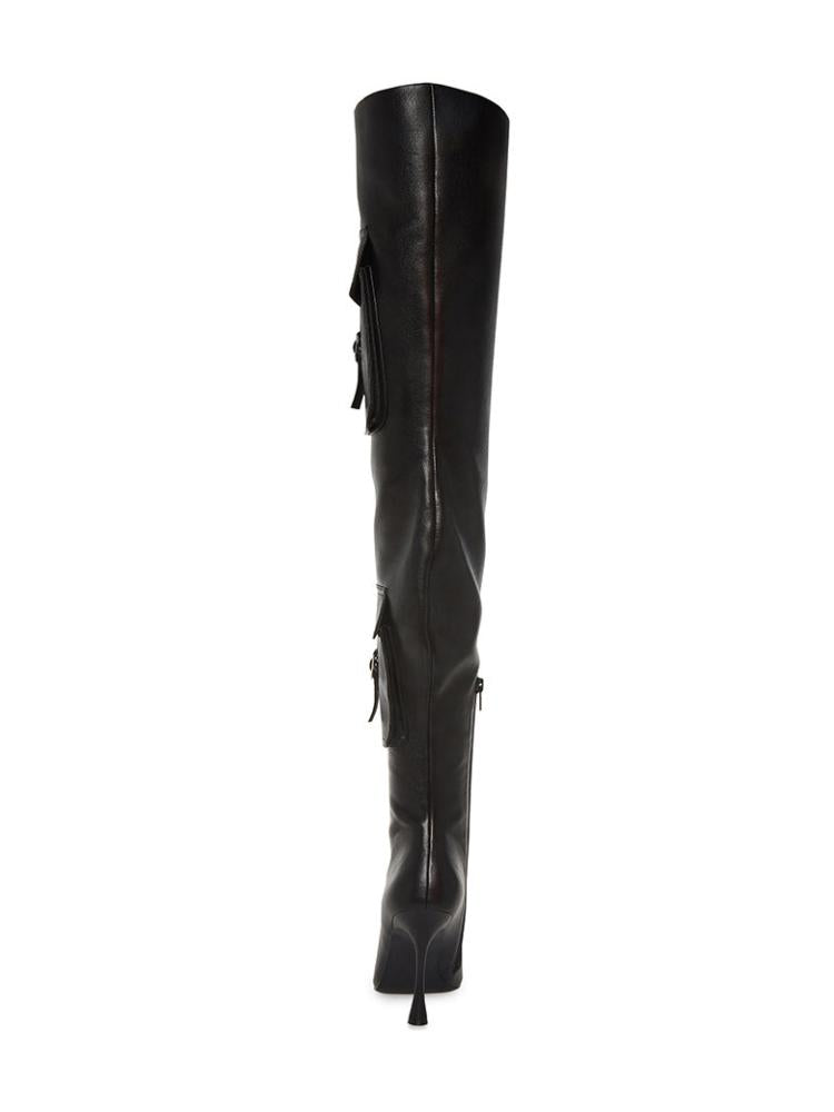 Denim Pocket Zip Pointed Toe Flared High Heel Over The Knee Thigh High Boots