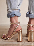 Metallic Strappy Square Toe Block Heeled Sandals With Buckled Ankle Strap