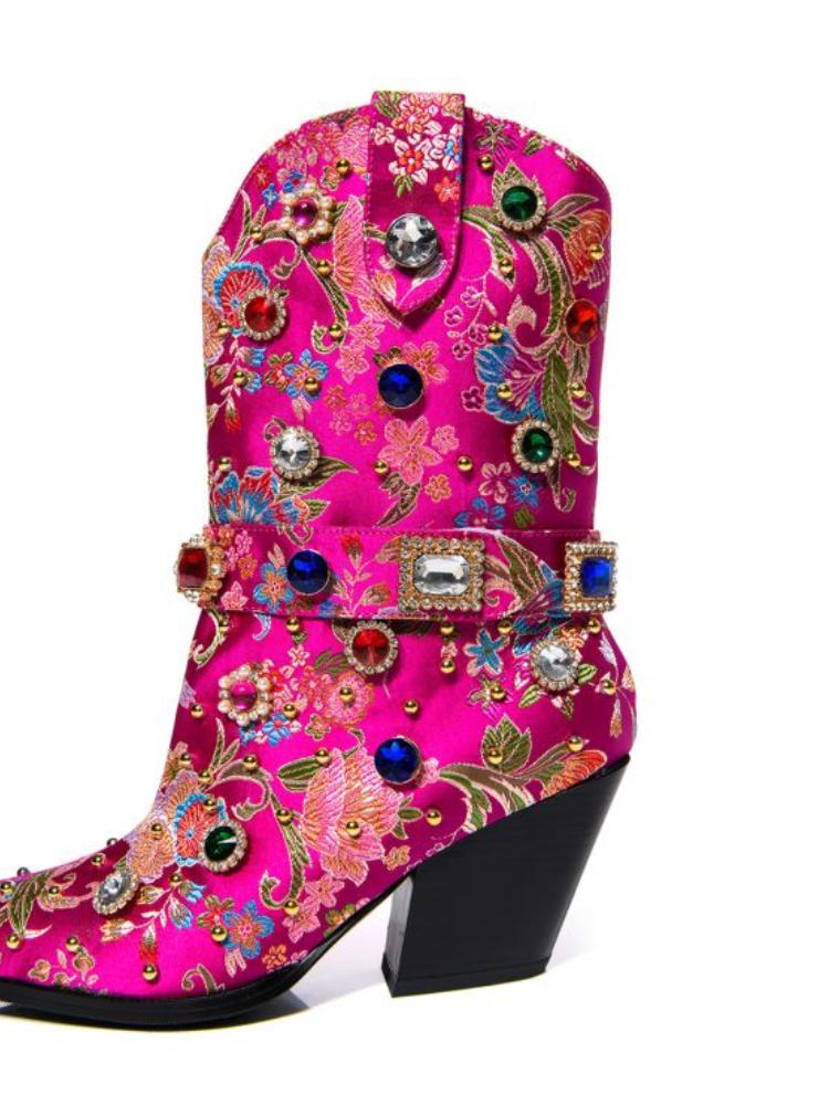 Metallic Hot Pink Satin Floral Embroidery Rhinestone Mid Calf Cowgirl Boots With Ankle Strap