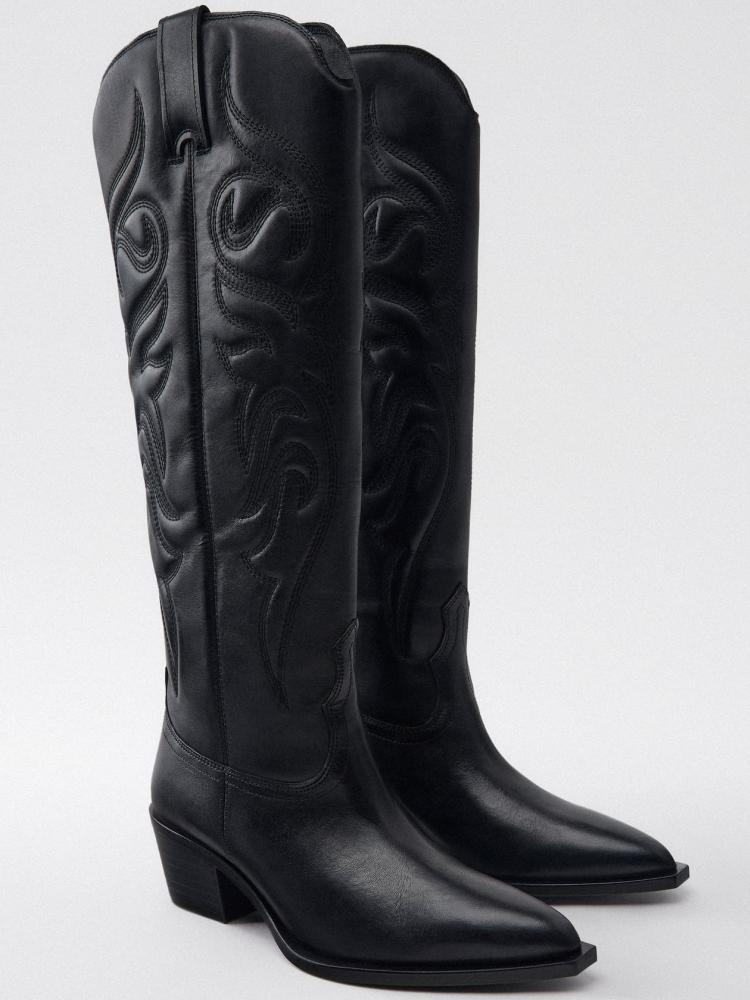 Black Embroidered Wide Calf Knee High Cowgirl Boots Block Heeled Western Tall Boots