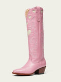 Pink Embroidered Inlay Heart Wide Calf Knee High Boots Round Toe Chunky Heeled Western Boots