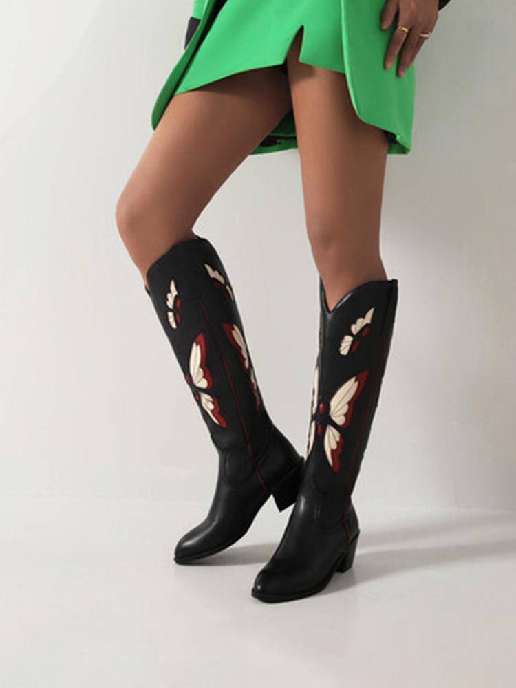 Butterfly Embroidery Pointed-toe Chunky Heels Wide Slip-on Knee High Cowgirl Boots