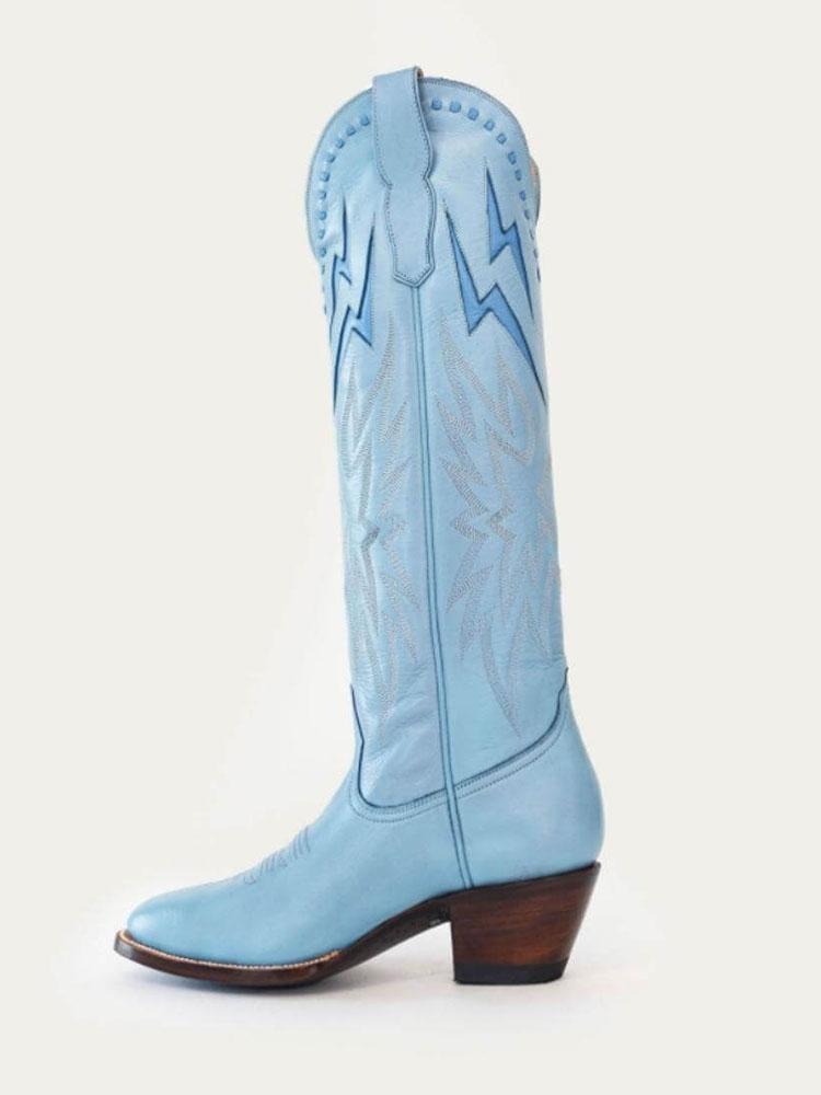 Powder Blue Inlay Lightning Knee High Boots Stitch Slip-On Round Cowgirl Heeled Boots