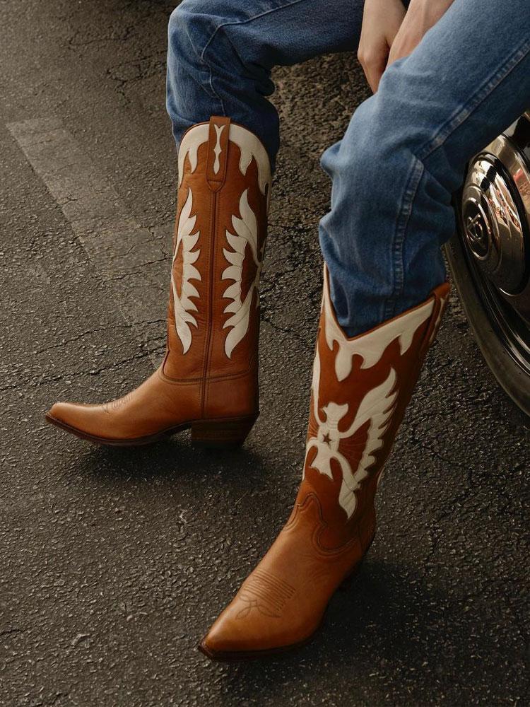 Brown Eagle Inlay Wide Mid Calf Western Boots With Pointed Toe