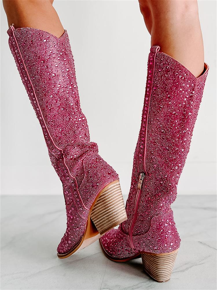 Pink Rhinestone Pointy Slip-on Mid-Calf Cowgirl Boots