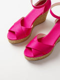 Rose Red Satin Cross Bands Open-toe Buckle Ankle Strap Espadrille Wedge Sandals