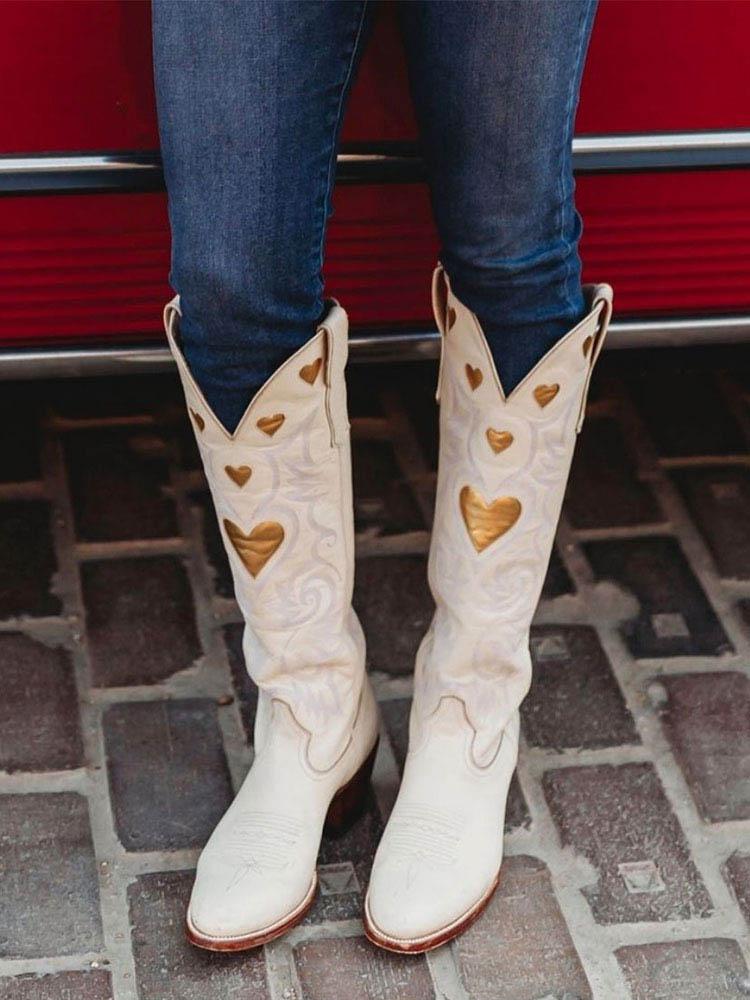 Off White Embroidered Inlay Heart Wide Knee High Boots Round Toe Western Heeled Boots