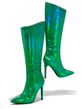 Metallic Mirror Iridescent Zip Pointy Stiletto Heeled Mid Calf Boots For Women