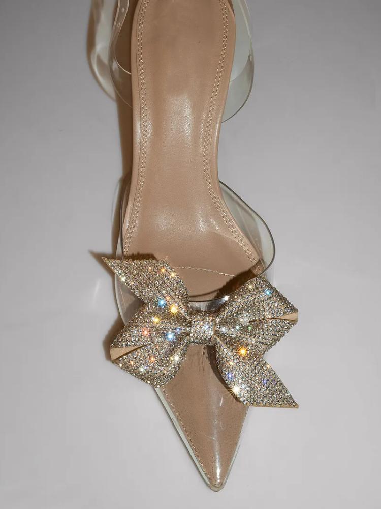 Fashion Clear Rhinestone Bow Buckle Strap Flare-Heeled Pointed-Toe Pumps